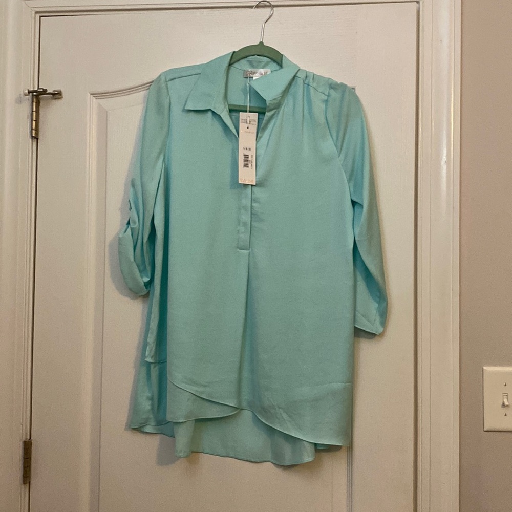 Designed by Renuar.   Mint green. Dressy blouse.